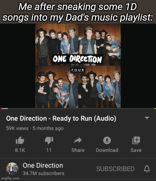 Me after sneaking some 1D songs into my Dad's music playlist: | made w/ Imgflip meme maker