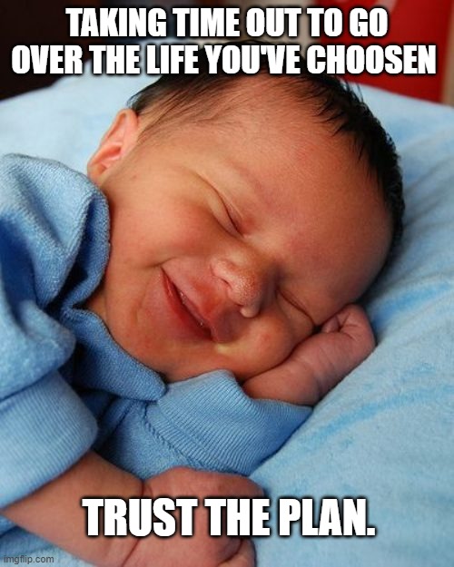 the future | TAKING TIME OUT TO GO OVER THE LIFE YOU'VE CHOOSEN; TRUST THE PLAN. | image tagged in baby sleeping smiling | made w/ Imgflip meme maker