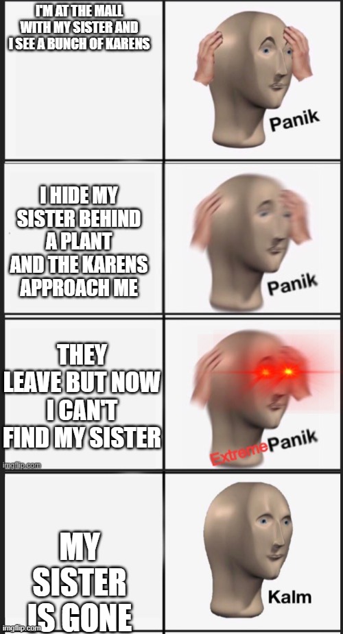 Repost of one of my first memes | I'M AT THE MALL WITH MY SISTER AND I SEE A BUNCH OF KARENS; I HIDE MY SISTER BEHIND A PLANT AND THE KARENS APPROACH ME; THEY LEAVE BUT NOW I CAN'T FIND MY SISTER; MY SISTER IS GONE | image tagged in panik panik extreme panik,memes,panik kalm panik | made w/ Imgflip meme maker
