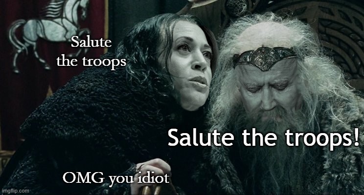 Who really believes Biden is capable of coming up with that much authoritarian policy by himself? |  Salute the troops; Salute the troops! OMG you idiot | image tagged in kamala harris,joe biden,authoritarians,democrats,executive orders,kamala wormtongue | made w/ Imgflip meme maker