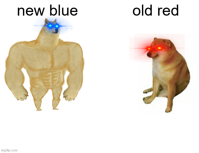 THE MORE BUTTON IS HERE | new blue; old red | image tagged in memes,buff doge vs cheems | made w/ Imgflip meme maker