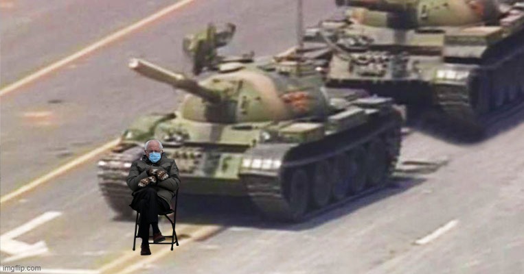 Communist and  China apologist Mittens Bernie Sanders superimposed at Tiananmen Square, China. 32nd anniversary of the massacre. | image tagged in politics,political meme,bernie sanders mittens,bernie sanders,china,massacre | made w/ Imgflip meme maker