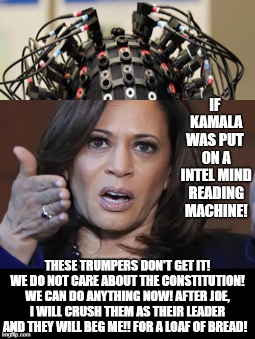 If Kamala Was Put On A Mind Reading Machine | IF  KAMALA WAS PUT  ON A INTEL MIND READING MACHINE! THESE TRUMPERS DON'T GET IT! WE DO NOT CARE ABOUT THE CONSTITUTION! WE CAN DO ANYTHING NOW! AFTER JOE, I WILL CRUSH THEM AS THEIR LEADER AND THEY WILL BEG ME!! FOR A LOAF OF BREAD! | image tagged in kamala harris,stupid liberals | made w/ Imgflip meme maker
