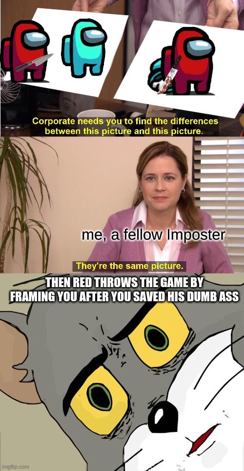 WTF! |  me, a fellow Imposter; THEN RED THROWS THE GAME BY FRAMING YOU AFTER YOU SAVED HIS DUMB ASS | image tagged in memes,they're the same picture,unsettled tom | made w/ Imgflip meme maker