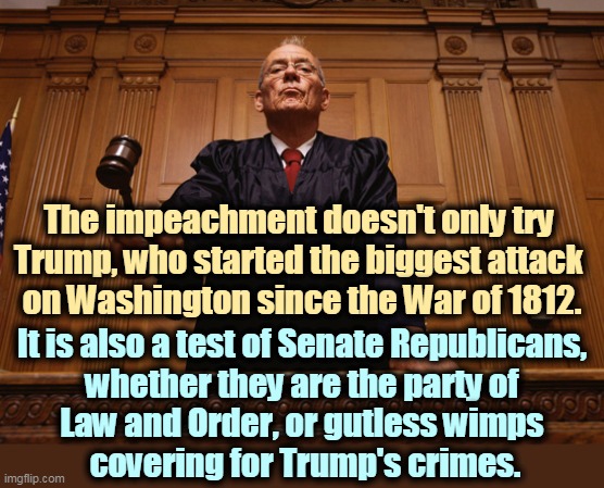 The impeachment doesn't only try 
Trump, who started the biggest attack 
on Washington since the War of 1812. It is also a test of Senate Republicans, 
whether they are the party of 
Law and Order, or gutless wimps 
covering for Trump's crimes. | image tagged in impeachment,trump,senate,republicans,weak | made w/ Imgflip meme maker