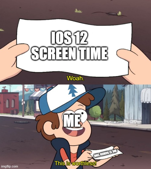 Relatable memes 2 | IOS 12 SCREEN TIME; ME; IOS 12 SCREEN TIME | image tagged in this is worthless | made w/ Imgflip meme maker