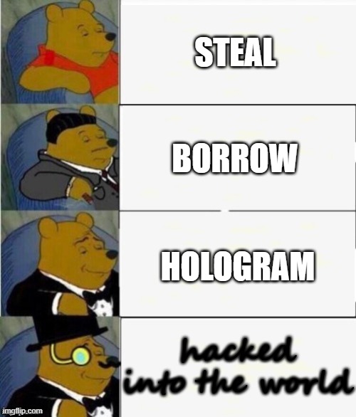 random meme 2 | STEAL; BORROW; HOLOGRAM; hacked into the world | image tagged in tuxedo winnie the pooh 4 panel | made w/ Imgflip meme maker