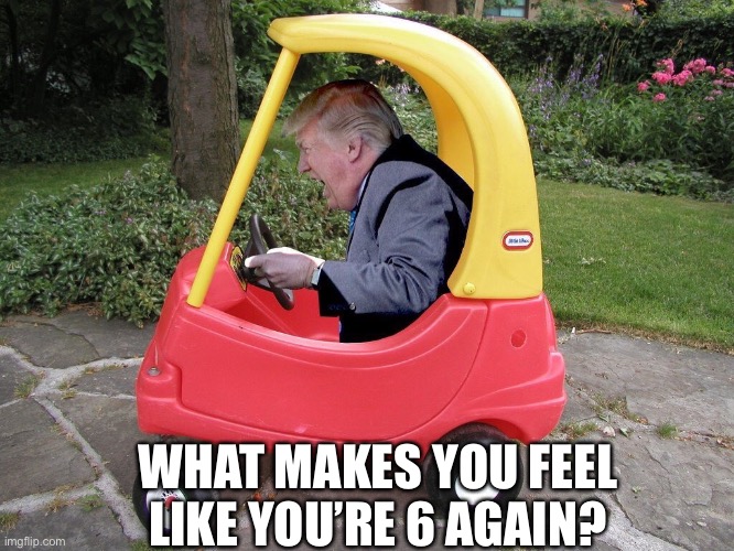 Trump Bus | WHAT MAKES YOU FEEL LIKE YOU’RE 6 AGAIN? | image tagged in trump bus | made w/ Imgflip meme maker