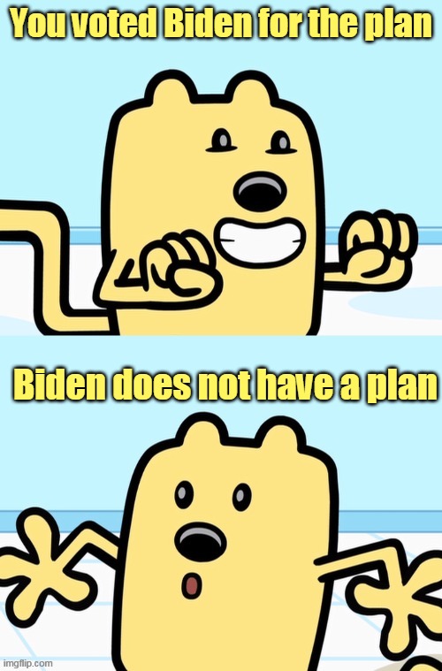 Biden has no plan | You voted Biden for the plan; Biden does not have a plan | image tagged in wubbzy realization,plan,coronavirus,biden | made w/ Imgflip meme maker