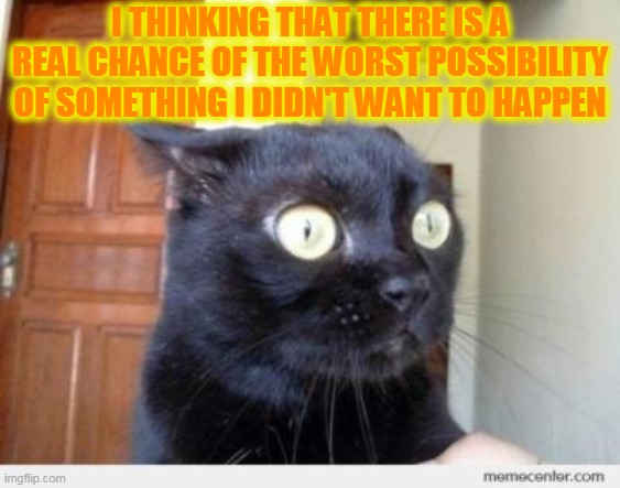 Scared Cat | I THINKING THAT THERE IS A REAL CHANCE OF THE WORST POSSIBILITY OF SOMETHING I DIDN'T WANT TO HAPPEN | image tagged in scared cat | made w/ Imgflip meme maker