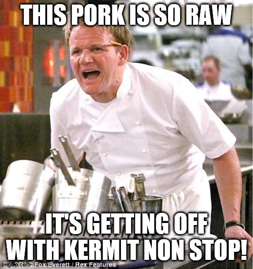 Chef Gordon Ramsay | THIS PORK IS SO RAW; IT'S GETTING OFF WITH KERMIT NON STOP! | image tagged in memes,chef gordon ramsay | made w/ Imgflip meme maker