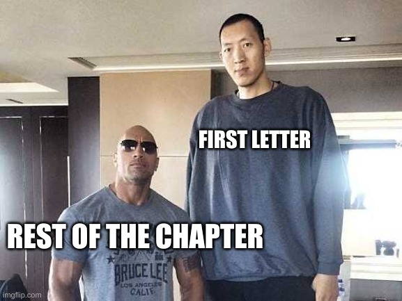 XD | FIRST LETTER; REST OF THE CHAPTER | image tagged in dwayne the rock and sun the tall guy,memes,funny,chapter,book,lmao | made w/ Imgflip meme maker