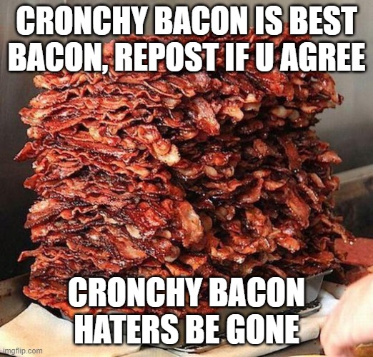 bacon | CRONCHY BACON IS BEST BACON, REPOST IF U AGREE; CRONCHY BACON HATERS BE GONE | image tagged in bacon | made w/ Imgflip meme maker