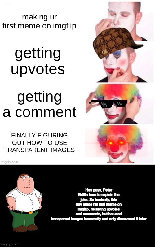 Hey guys, Peter Griffin here to explain the joke. So basically, this guy made his first meme on Imgflip, receiving upvotes and comments, but | made w/ Imgflip meme maker