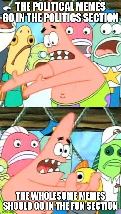 Put It Somewhere Else Patrick | THE POLITICAL MEMES GO IN THE POLITICS SECTION; THE WHOLESOME MEMES SHOULD GO IN THE FUN SECTION | image tagged in memes,put it somewhere else patrick | made w/ Imgflip meme maker