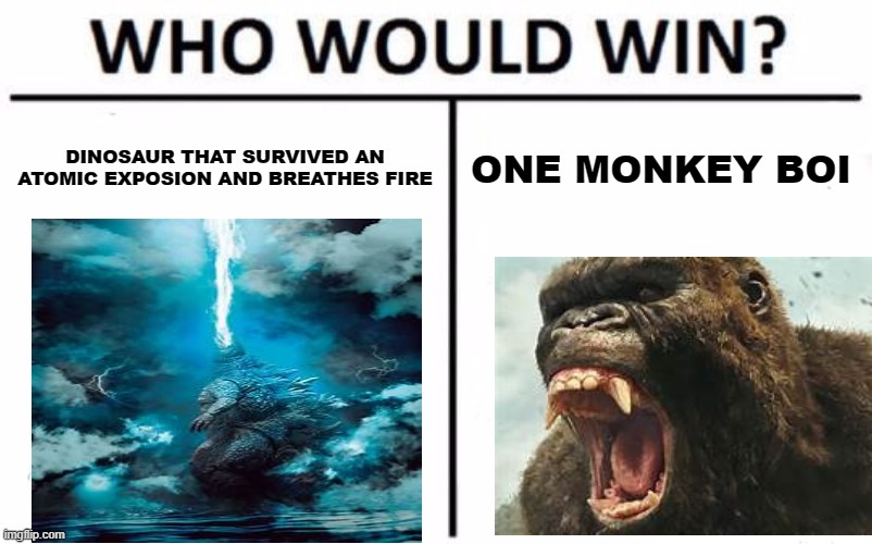 Godzilla vs kong | DINOSAUR THAT SURVIVED AN ATOMIC EXPOSION AND BREATHES FIRE; ONE MONKEY BOI | image tagged in memes,who would win | made w/ Imgflip meme maker