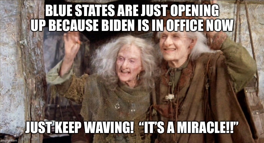 Miraculous Openings | BLUE STATES ARE JUST OPENING UP BECAUSE BIDEN IS IN OFFICE NOW; JUST KEEP WAVING!  “IT’S A MIRACLE!!” | image tagged in princess bride miracle max,covid,lockdown | made w/ Imgflip meme maker
