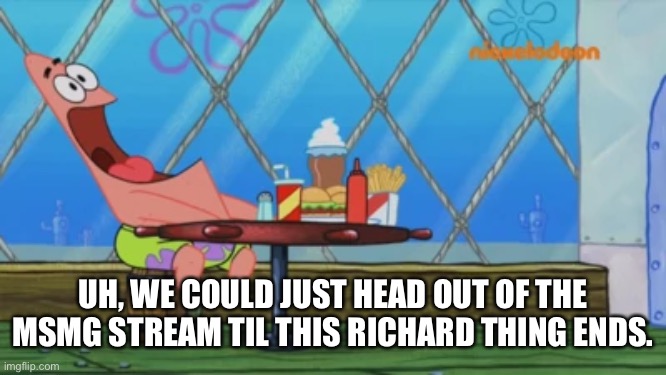 Not tryin to be mean, but I’m worried for my friends | UH, WE COULD JUST HEAD OUT OF THE MSMG STREAM TIL THIS RICHARD THING ENDS. | image tagged in patrick star | made w/ Imgflip meme maker