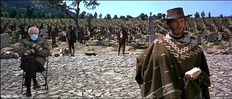 Funny Bernie Sanders Mittens meme with Bernie seated in final scene from 'The Good, The Bad & The Ugly'. | image tagged in memes,funny memes,political memes,bernie sanders,bernie sanders mittens,clint eastwood | made w/ Imgflip meme maker