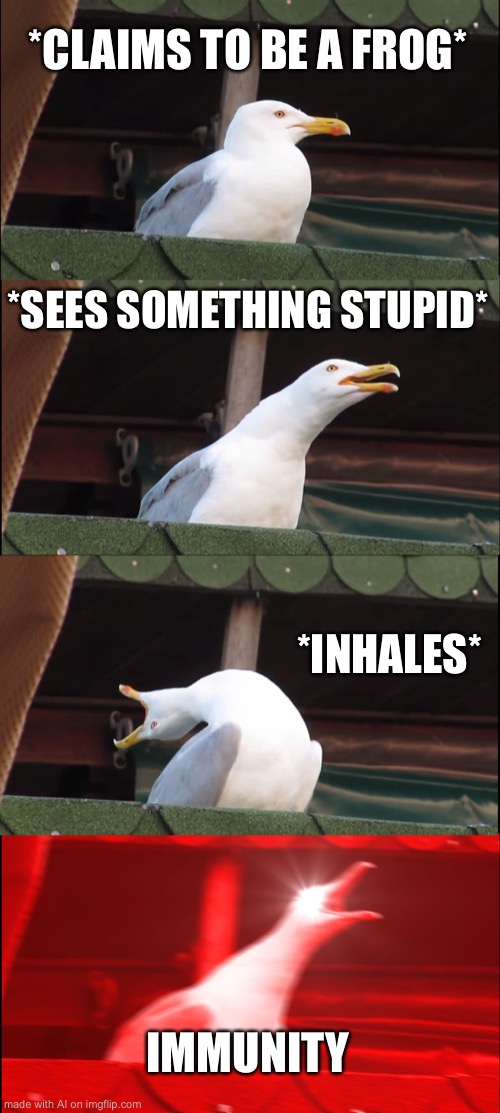 Inhaling Seagull Meme | *CLAIMS TO BE A FROG*; *SEES SOMETHING STUPID*; *INHALES*; IMMUNITY | image tagged in memes,inhaling seagull | made w/ Imgflip meme maker