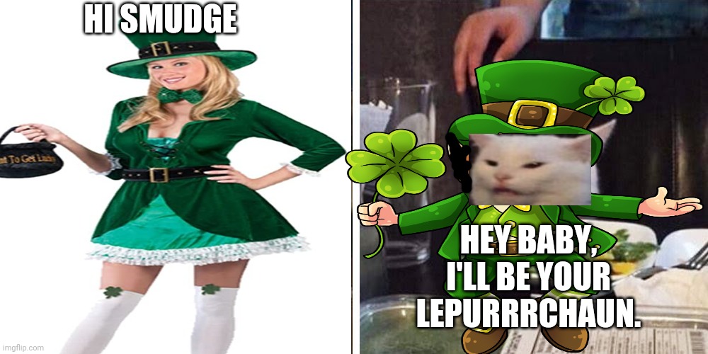 HI SMUDGE; HEY BABY, I'LL BE YOUR LEPURRRCHAUN. | image tagged in smudge the cat | made w/ Imgflip meme maker