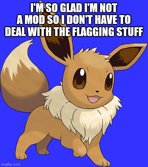 Happy Eevee | I'M SO GLAD I'M NOT A MOD SO I DON'T HAVE TO DEAL WITH THE FLAGGING STUFF | image tagged in happy eevee | made w/ Imgflip meme maker