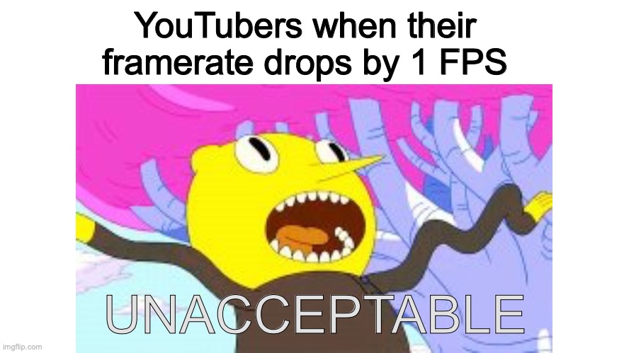 UNACCEPTABLE FRAMERATE | YouTubers when their framerate drops by 1 FPS; UNACCEPTABLE | image tagged in memes,unacceptable,youtubers,youtube,relatable,funny because it's true | made w/ Imgflip meme maker