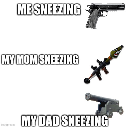 Blank Transparent Square | ME SNEEZING; MY MOM SNEEZING; MY DAD SNEEZING | image tagged in memes,blank transparent square | made w/ Imgflip meme maker