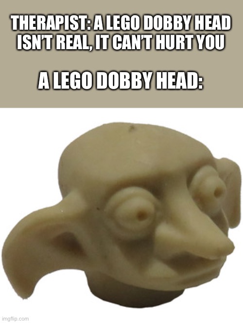 It scares me... | THERAPIST: A LEGO DOBBY HEAD ISN’T REAL, IT CAN’T HURT YOU; A LEGO DOBBY HEAD: | image tagged in memes,funny,harry potter,lego | made w/ Imgflip meme maker