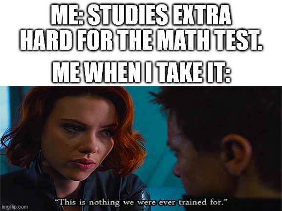 Who can relate? | ME: STUDIES EXTRA HARD FOR THE MATH TEST. ME WHEN I TAKE IT: | image tagged in black widow | made w/ Imgflip meme maker