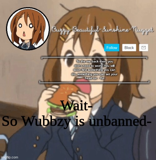 I'm so confused I just entered one of his images on here- | Wait-
So Wubbzy is unbanned- | image tagged in yui temp | made w/ Imgflip meme maker