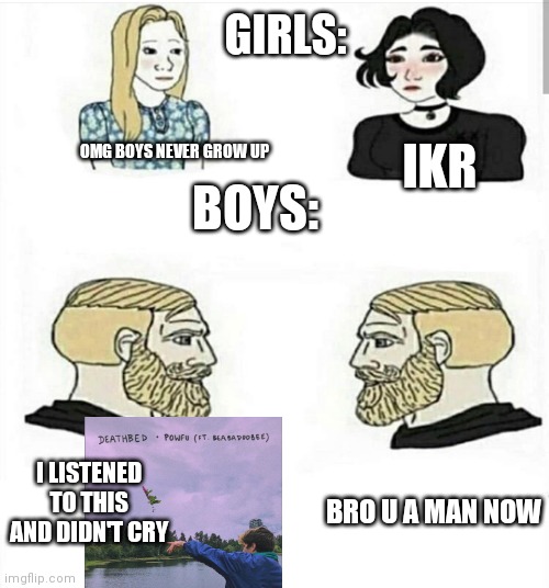 IDK if his meme is good | GIRLS:; IKR; BOYS:; OMG BOYS NEVER GROW UP; I LISTENED TO THIS AND DIDN'T CRY; BRO U A MAN NOW | image tagged in girls boys | made w/ Imgflip meme maker