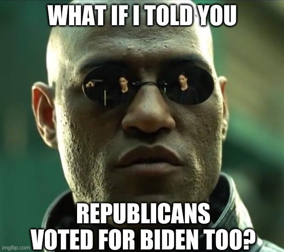 Morpheus  | WHAT IF I TOLD YOU REPUBLICANS VOTED FOR BIDEN TOO? | image tagged in morpheus | made w/ Imgflip meme maker