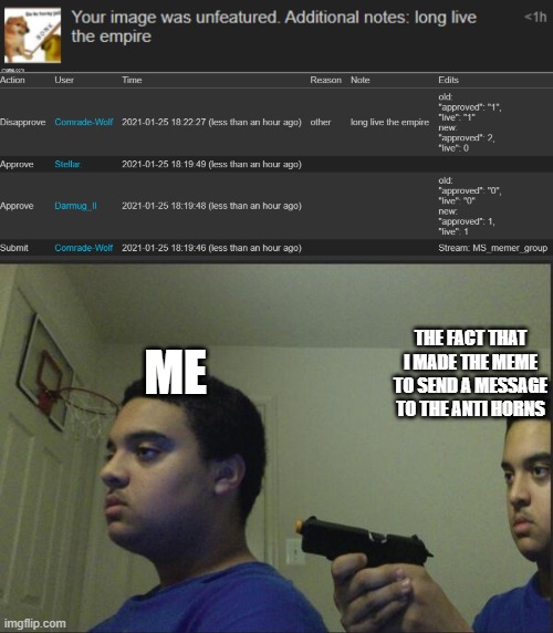 go away anti horns!!! | ME; THE FACT THAT I MADE THE MEME TO SEND A MESSAGE TO THE ANTI HORNS | image tagged in trust nobody not even yourself | made w/ Imgflip meme maker