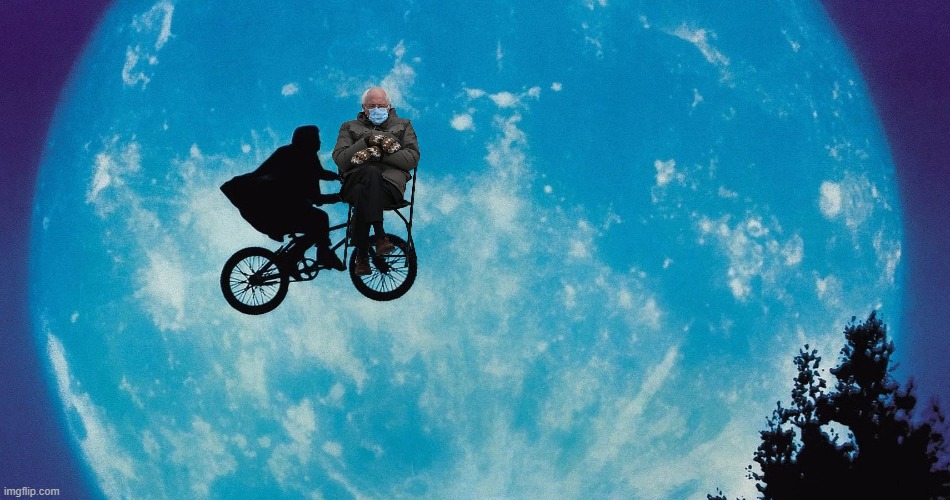 Political humor - Mittens Bernie Sanders in 'E.T. The Extra-Terrestrial' - 'B.S. - The Bernie Socialist" | image tagged in humor,political humor,bernie sanders mittens,bernie sanders,steven spielberg,movie | made w/ Imgflip meme maker