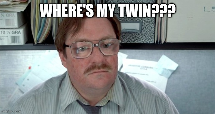 office space milton | WHERE'S MY TWIN??? | image tagged in office space milton | made w/ Imgflip meme maker