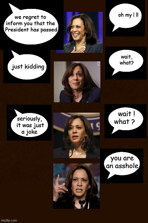 Kamala Harris upon Biden's passing | oh my ! !! we regret to 
inform you that the 
President has passed; wait,
what? just kidding; wait !
what ? seriously,
 it was just
a joke; you are an asshole | image tagged in politics lol | made w/ Imgflip meme maker