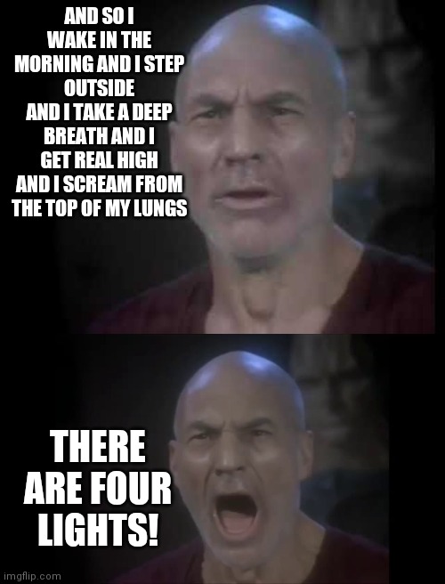 What's Going On, Picard? | AND SO I WAKE IN THE MORNING AND I STEP OUTSIDE
AND I TAKE A DEEP BREATH AND I GET REAL HIGH
AND I SCREAM FROM THE TOP OF MY LUNGS; THERE ARE FOUR LIGHTS! | image tagged in star trek,captain picard | made w/ Imgflip meme maker
