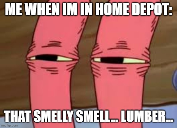 Mr. Krabs Smelly Smell | ME WHEN IM IN HOME DEPOT:; THAT SMELLY SMELL... LUMBER... | image tagged in mr krabs smelly smell | made w/ Imgflip meme maker