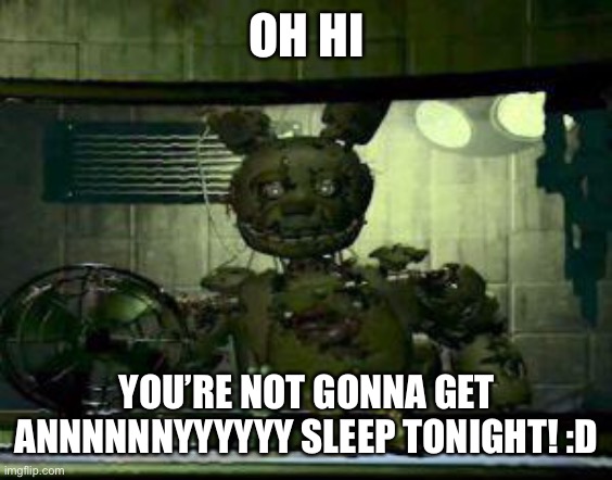 FNAF Springtrap in window | OH HI; YOU’RE NOT GONNA GET ANNNNNNYYYYYY SLEEP TONIGHT! :D | image tagged in fnaf springtrap in window | made w/ Imgflip meme maker