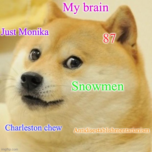 My brain be like |  My brain; Just Monika; 87; Snowmen; Antidisestablishmentarianism; Charleston chew | image tagged in memes,doge | made w/ Imgflip meme maker