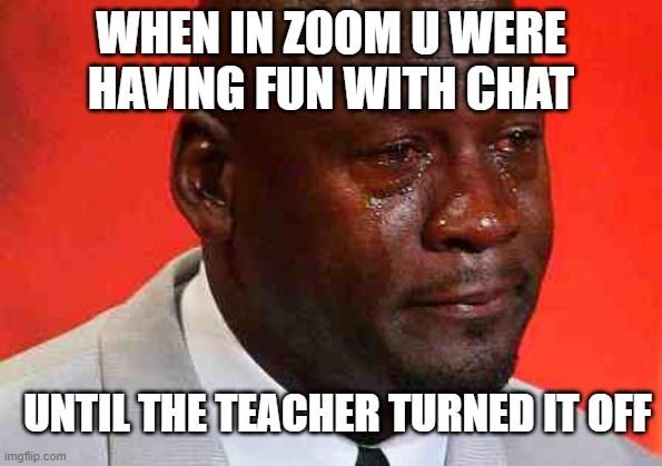 crying michael jordan | WHEN IN ZOOM U WERE HAVING FUN WITH CHAT; UNTIL THE TEACHER TURNED IT OFF | image tagged in crying michael jordan | made w/ Imgflip meme maker