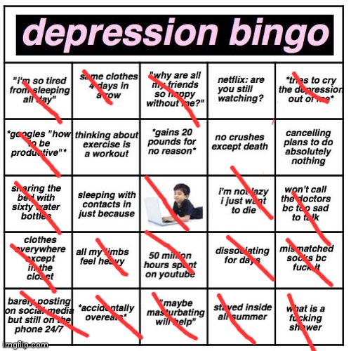 Anon so my bro doesn't find this. If you ask i can say who I am | image tagged in depression bingo | made w/ Imgflip meme maker