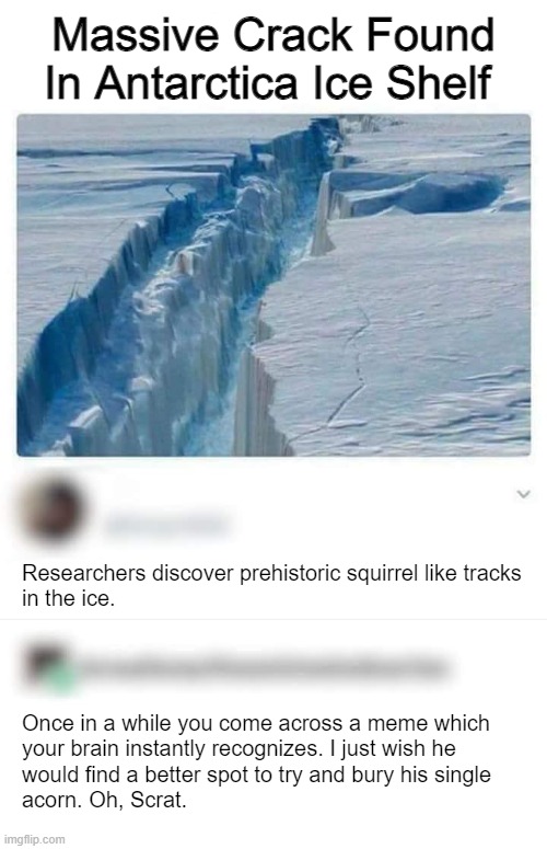 Scrat's Continental Crack-up | Massive Crack Found
In Antarctica Ice Shelf; Researchers discover prehistoric squirrel like tracks
in the ice. Once in a while you come across a meme which
your brain instantly recognizes. I just wish he
would find a better spot to try and bury his single
acorn. Oh, Scrat. | image tagged in scrat,ice age,nuts,animation,animal | made w/ Imgflip meme maker