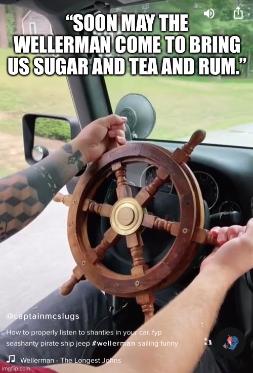 How to properly listen to sea shanties in your car | “SOON MAY THE WELLERMAN COME TO BRING US SUGAR AND TEA AND RUM.” | image tagged in sea shanties,nathan evans,wellerman,tik tok | made w/ Imgflip meme maker