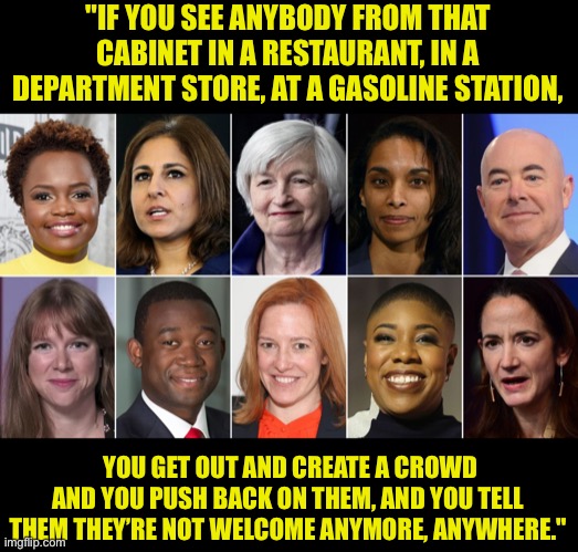 Turnabout is fair play isn’t it? | "IF YOU SEE ANYBODY FROM THAT CABINET IN A RESTAURANT, IN A DEPARTMENT STORE, AT A GASOLINE STATION, YOU GET OUT AND CREATE A CROWD AND YOU PUSH BACK ON THEM, AND YOU TELL THEM THEY’RE NOT WELCOME ANYMORE, ANYWHERE." | image tagged in traitors,democratic socialism,liars club,liars,turn up the volume,shouter | made w/ Imgflip meme maker