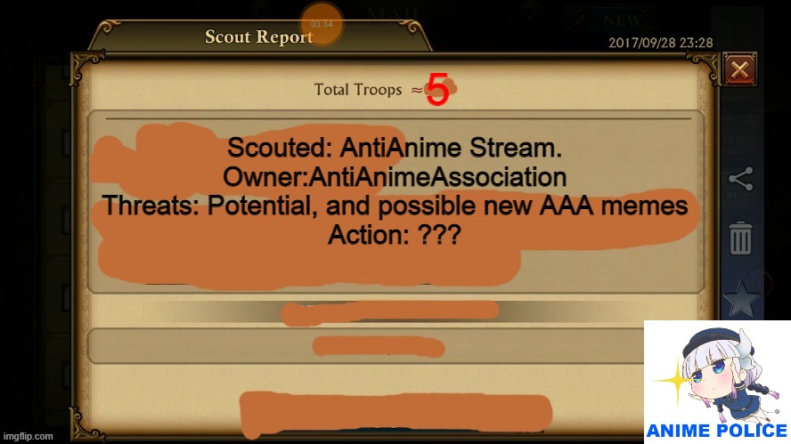 Context: Troops are the Followers | 5; Scouted: AntiAnime Stream.
Owner:AntiAnimeAssociation
Threats: Potential, and possible new AAA memes
Action: ??? | image tagged in scout report | made w/ Imgflip meme maker