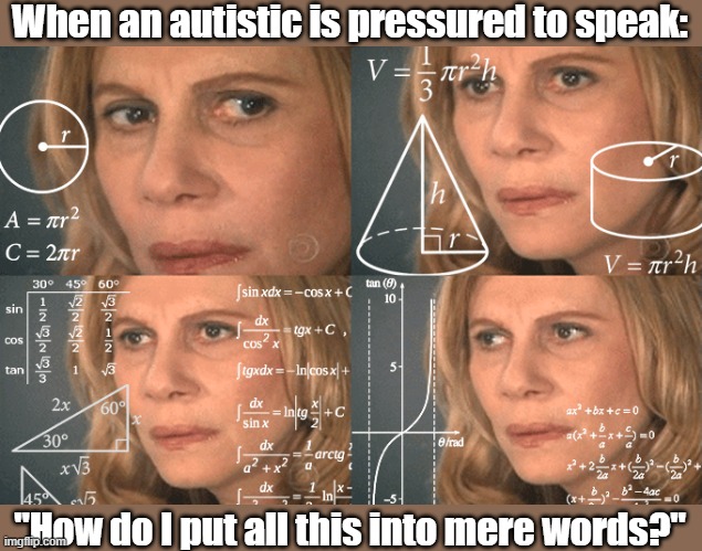 It's not easy | When an autistic is pressured to speak:; "How do I put all this into mere words?" | image tagged in mathematics lady,autism,speechless,deep thought | made w/ Imgflip meme maker