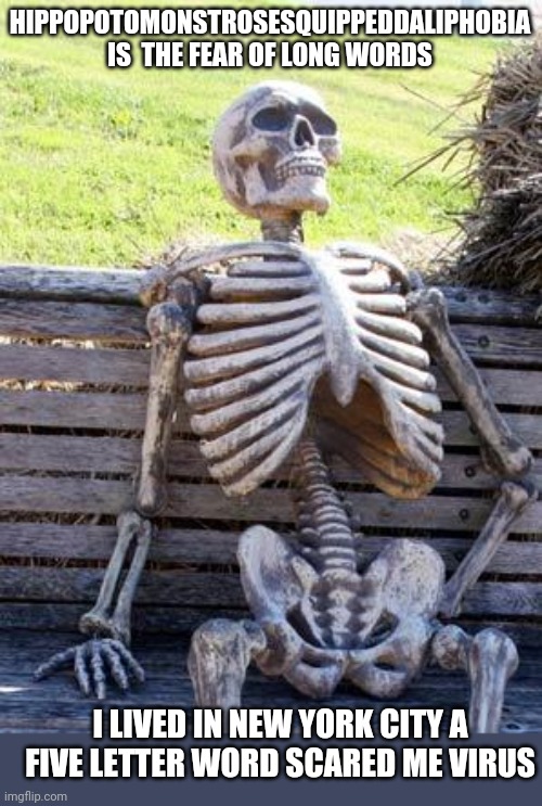 Waiting Skeleton Meme | HIPPOPOTOMONSTROSESQUIPPEDDALIPHOBIA  IS  THE FEAR OF LONG WORDS; I LIVED IN NEW YORK CITY A FIVE LETTER WORD SCARED ME VIRUS | image tagged in memes,waiting skeleton | made w/ Imgflip meme maker