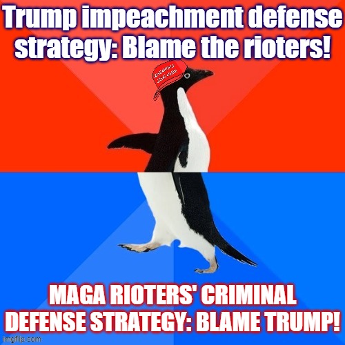 Things that make you go hmmm | Trump impeachment defense strategy: Blame the rioters! MAGA RIOTERS' CRIMINAL DEFENSE STRATEGY: BLAME TRUMP! | image tagged in socially awesome awkward penguin maga hat,conservative hypocrisy,criminals,rioters,trump is an asshole,trump is a moron | made w/ Imgflip meme maker